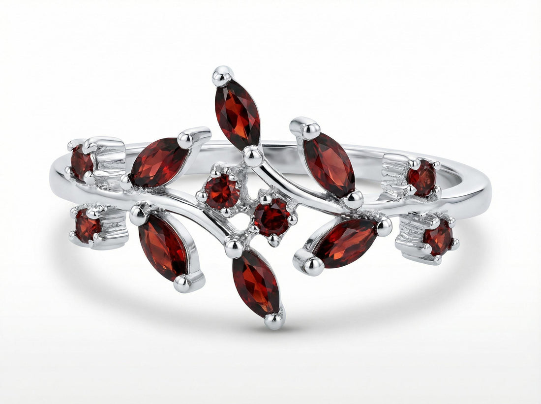 Garnet Birthstone Ring, Nature Inspired Leaf Ring, Marquise Garnet Vine Band, January Birthstone Gift, Botanical Jewelry, Custom Metal Choic