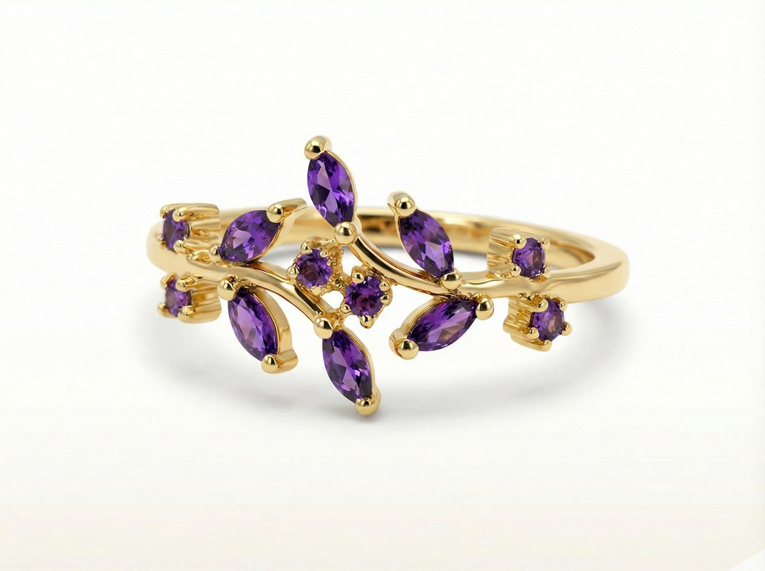 Nature Inspired Amethyst Wedding Band Leaf Ring February Birthstone Jewelry Vine Branch Ring Marquise Gemstone Stacking Ring Custom Gift