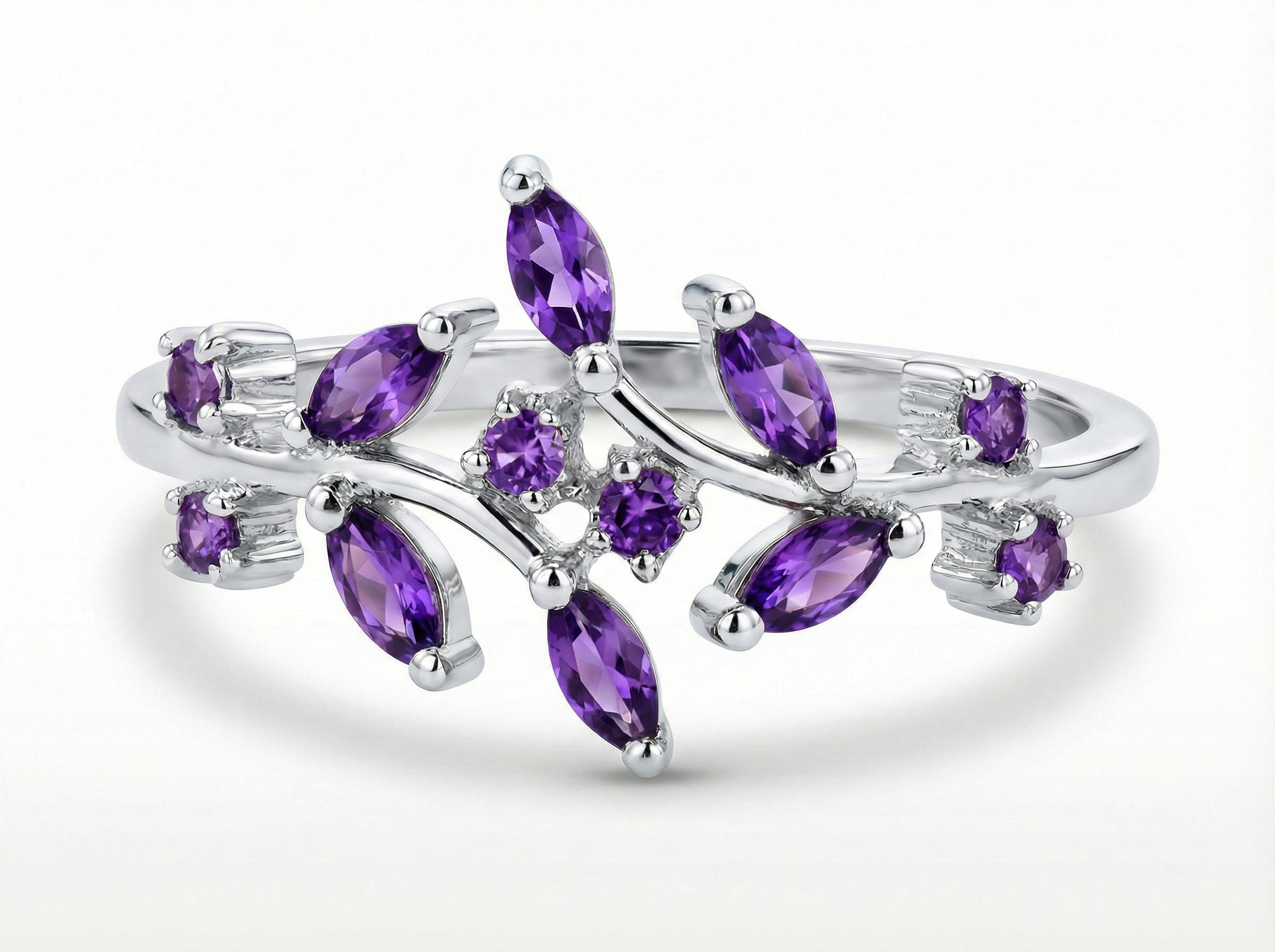 Nature Inspired Amethyst Wedding Band Leaf Ring February Birthstone Jewelry Vine Branch Ring Marquise Gemstone Stacking Ring Custom Gift