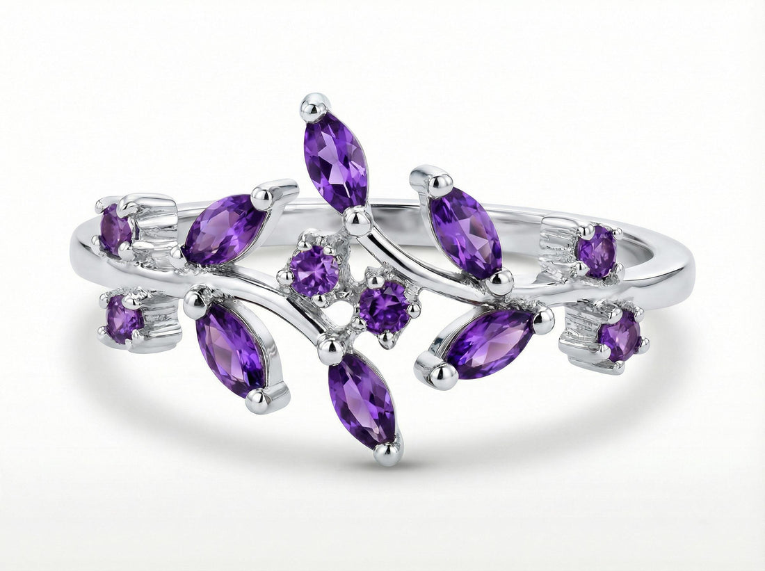 Nature Inspired Amethyst Wedding Band Leaf Ring February Birthstone Jewelry Vine Branch Ring Marquise Gemstone Stacking Ring Custom Gift