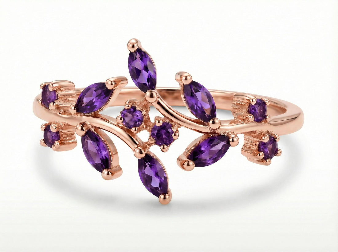 Nature Inspired Amethyst Wedding Band Leaf Ring February Birthstone Jewelry Vine Branch Ring Marquise Gemstone Stacking Ring Custom Gift