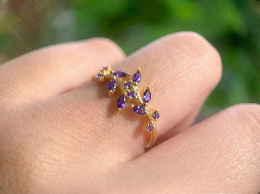 Nature Inspired Amethyst Wedding Band Leaf Ring February Birthstone Jewelry Vine Branch Ring Marquise Gemstone Stacking Ring Custom Gift