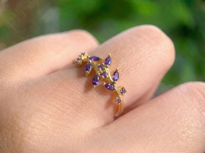Nature Inspired Amethyst Wedding Band Leaf Ring February Birthstone Jewelry Vine Branch Ring Marquise Gemstone Stacking Ring Custom Gift