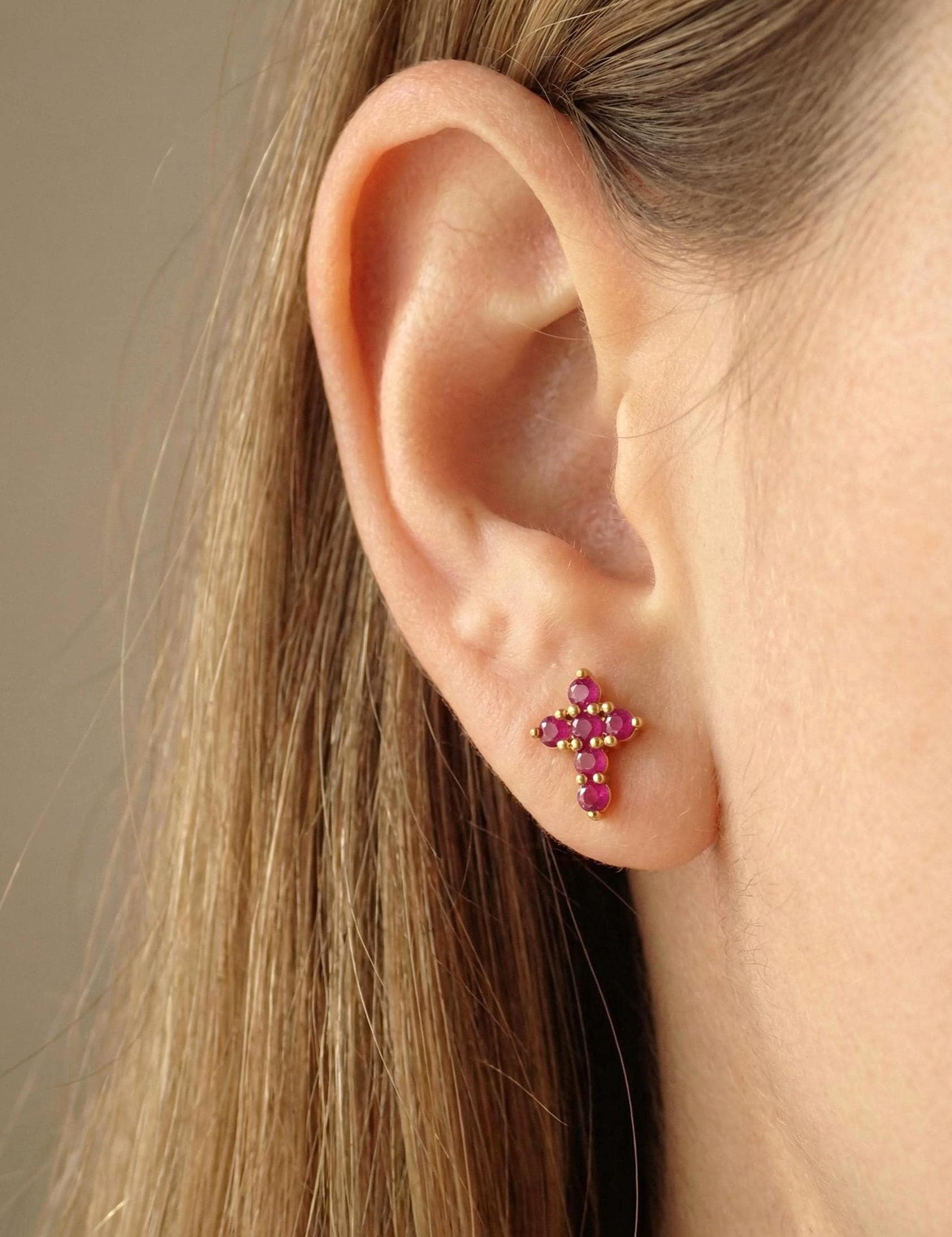 Ruby Cross Stud Earrings / Tiny Cross Studs / July Birthstones Gift / Religious Earrings Gift for Women