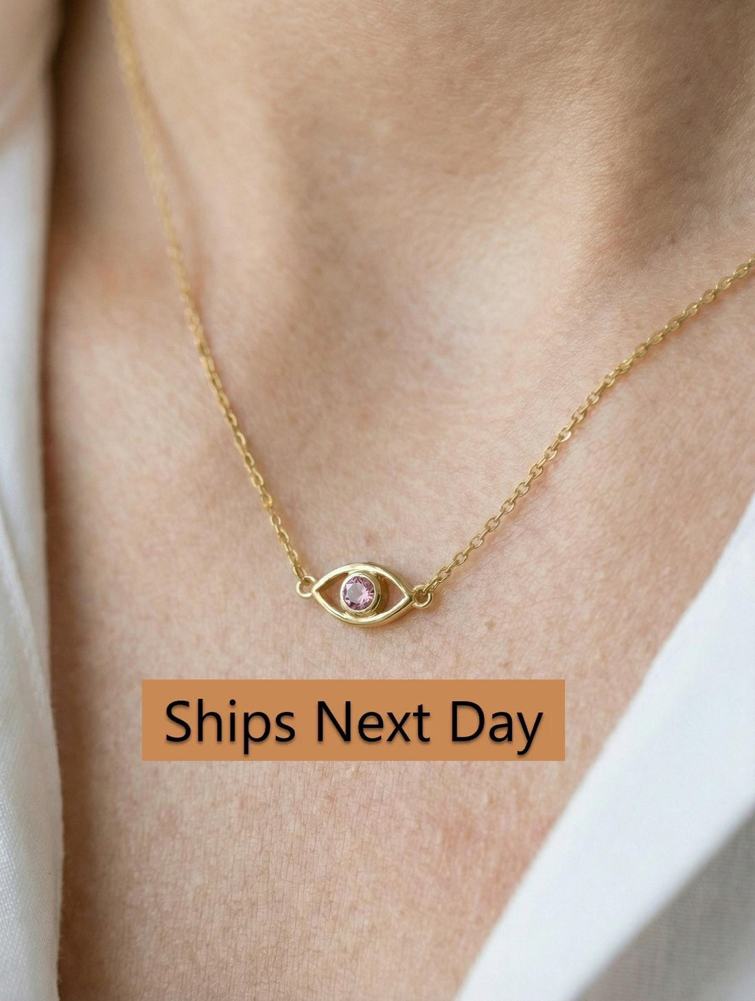 Pink Sapphire Evil Eye Necklace, Good Luck Necklace, September Birthstones Gift, Protection Necklace, Layering Necklace Gift for Her