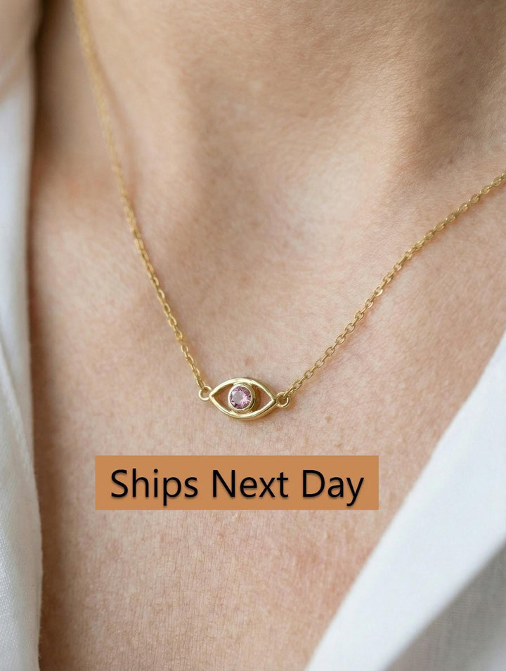 Pink Sapphire Evil Eye Necklace, Good Luck Necklace, September Birthstones Gift, Protection Necklace, Layering Necklace Gift for Her