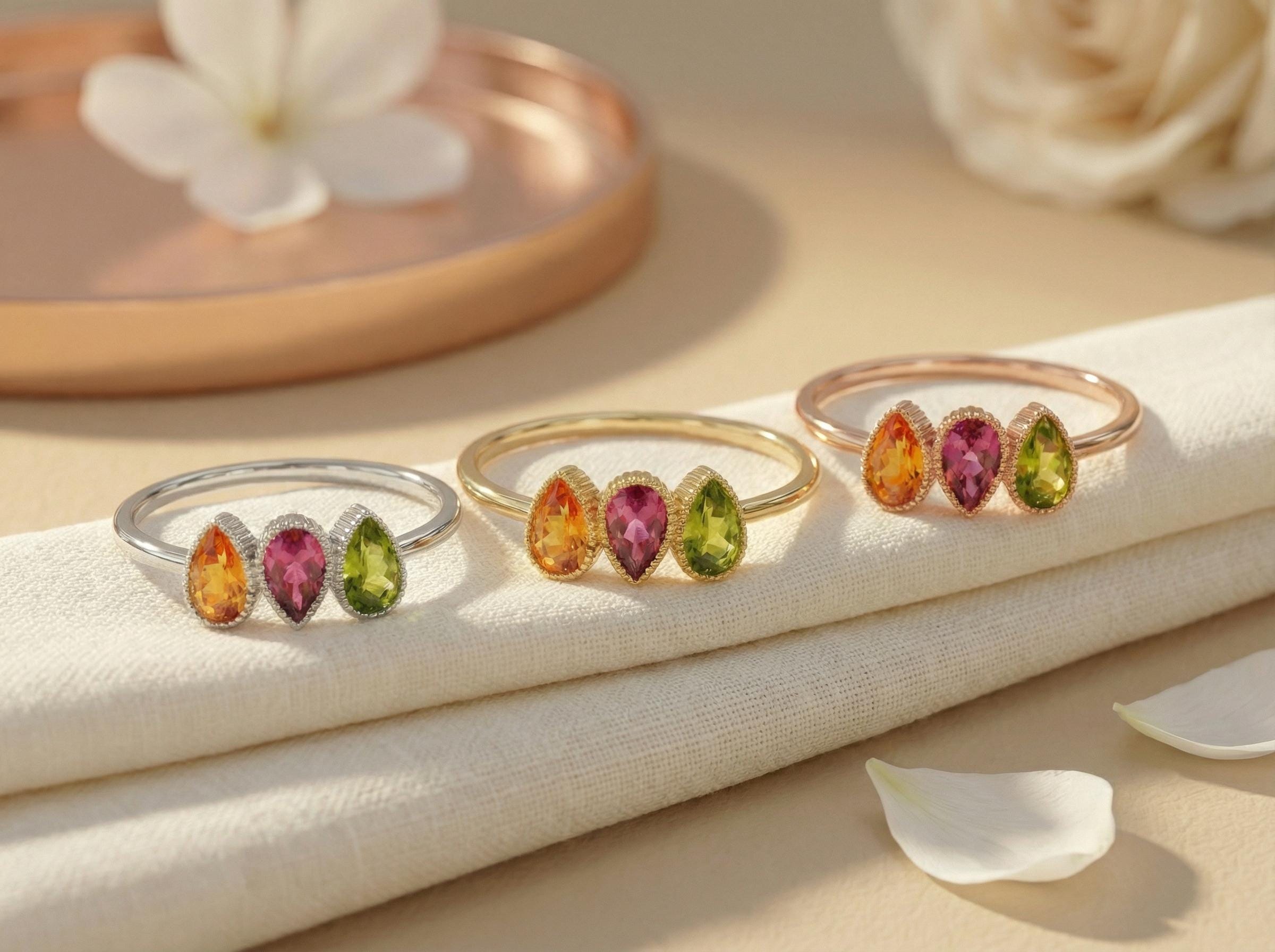 Custom Birthstones Ring Setting Three Stone Pear Bezel Mounting Mothers Ring Family Jewelry Personalized Gift