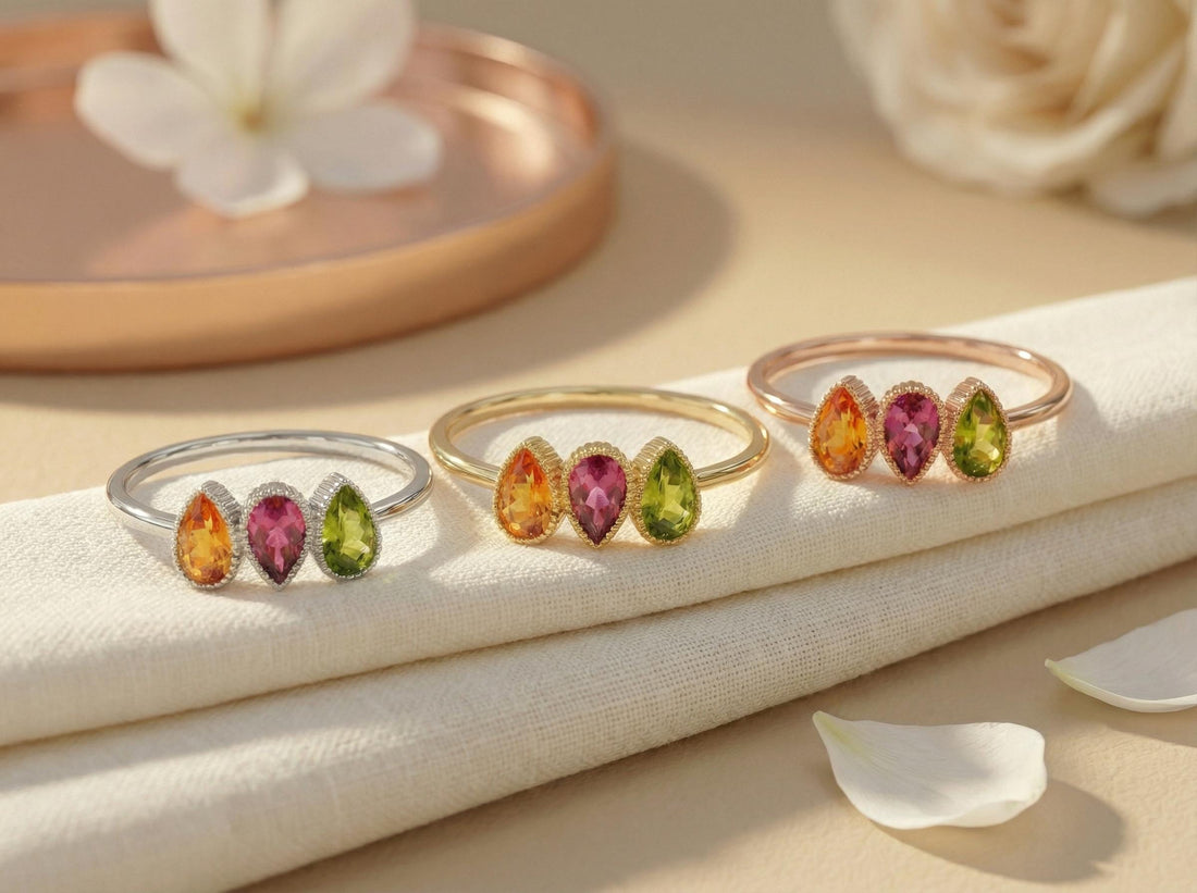 Custom Birthstones Ring Setting Three Stone Pear Bezel Mounting Mothers Ring Family Jewelry Personalized Gift