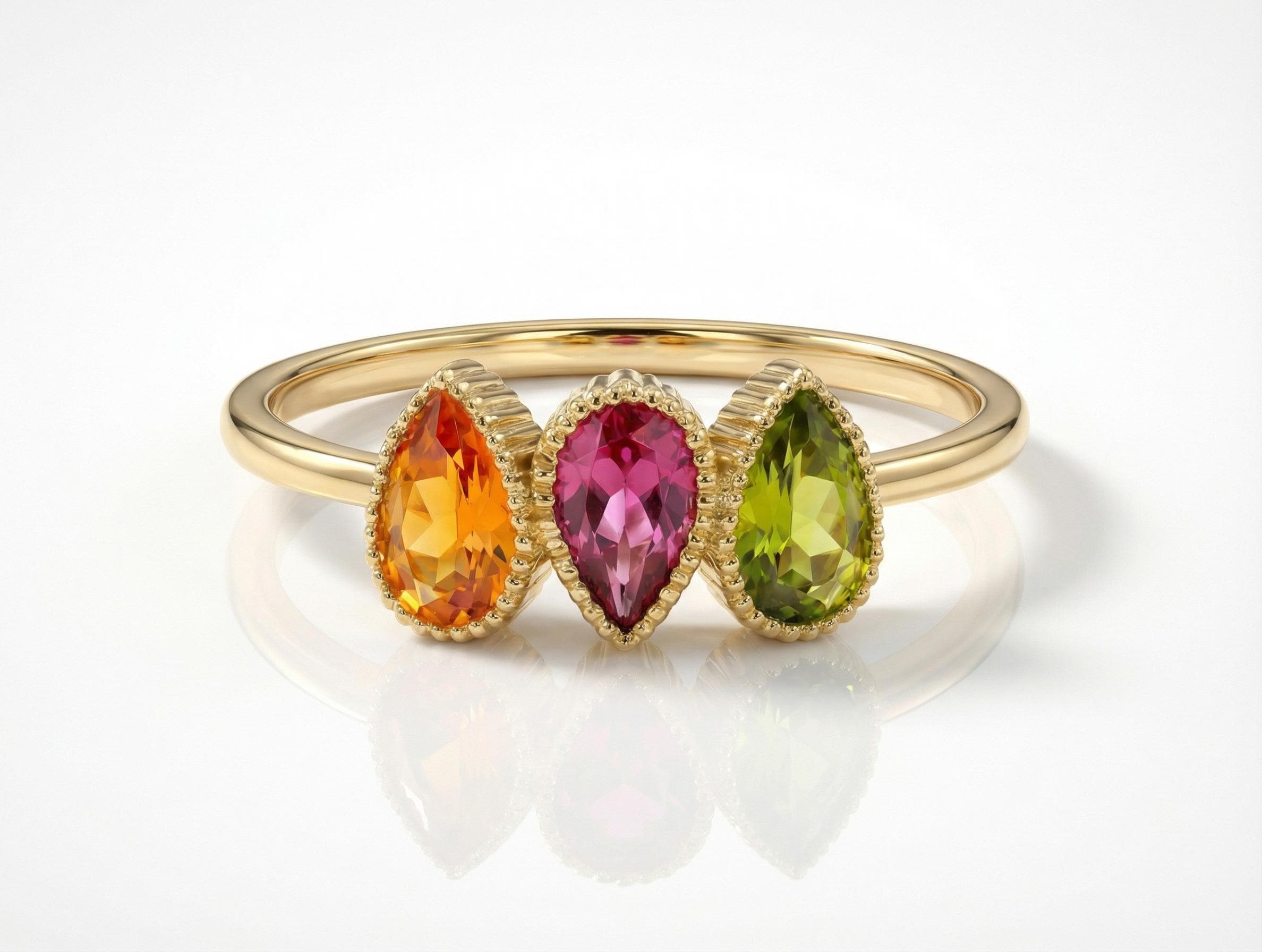 Custom Birthstones Ring Setting Three Stone Pear Bezel Mounting Mothers Ring Family Jewelry Personalized Gift