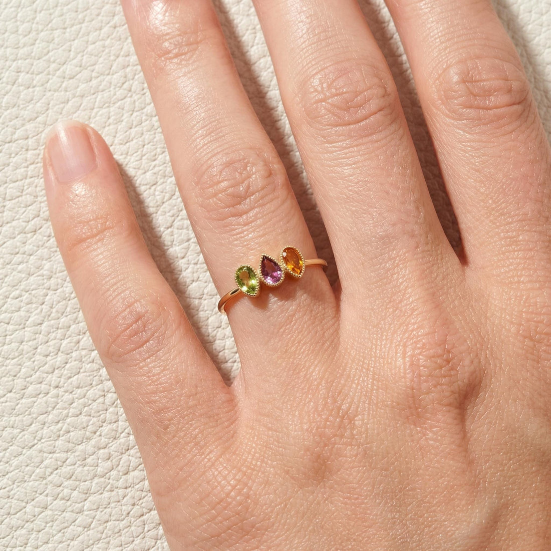Custom Birthstones Ring Setting Three Stone Pear Bezel Mounting Mothers Ring Family Jewelry Personalized Gift