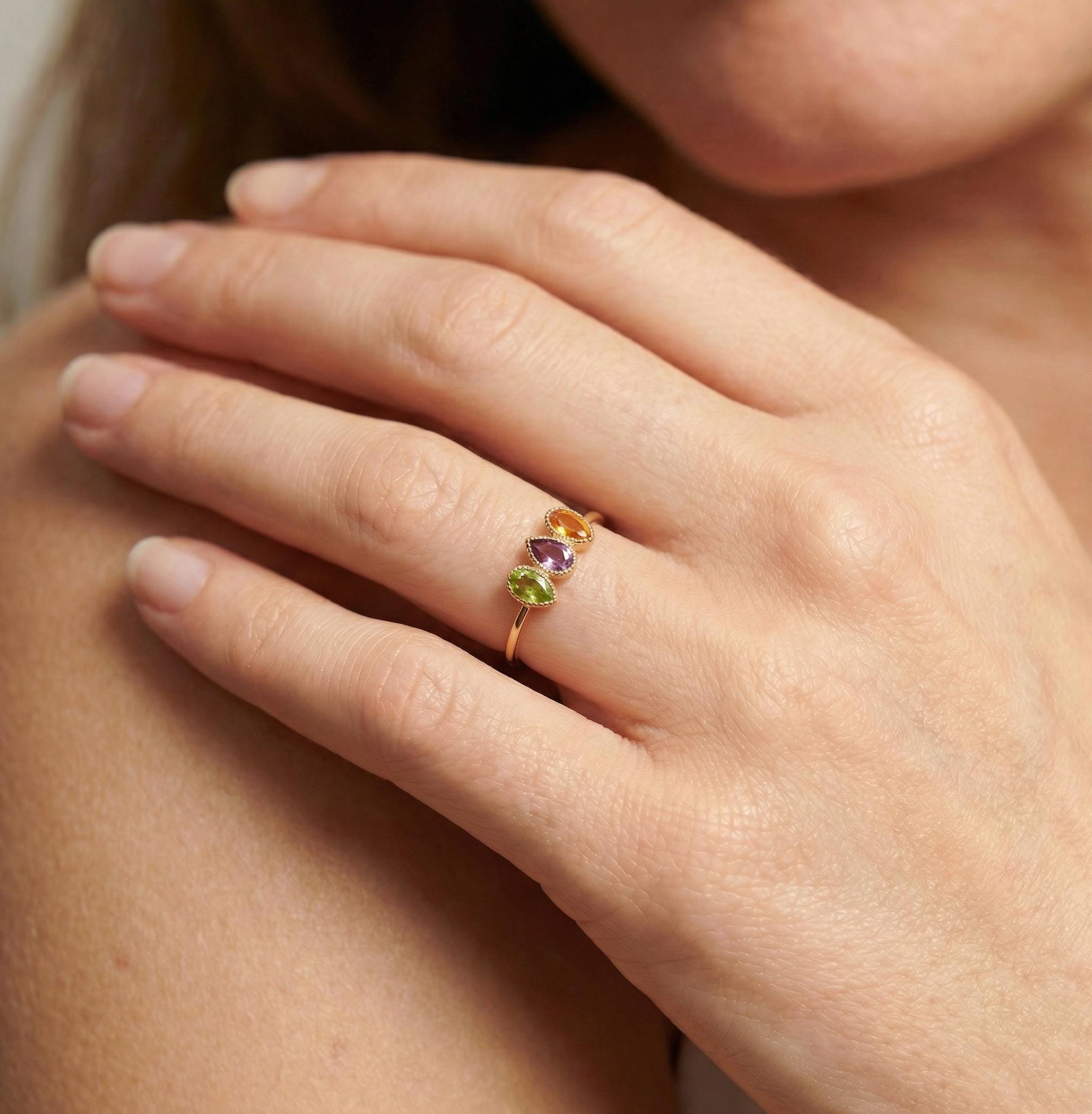 Custom Birthstones Ring Setting Three Stone Pear Bezel Mounting Mothers Ring Family Jewelry Personalized Gift