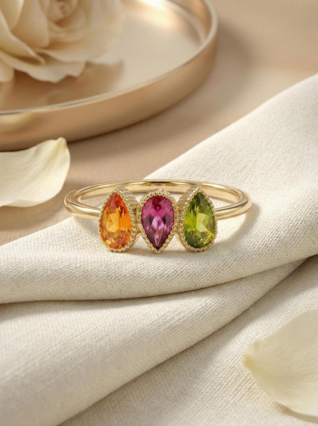Custom Birthstones Ring Setting Three Stone Pear Bezel Mounting Mothers Ring Family Jewelry Personalized Gift