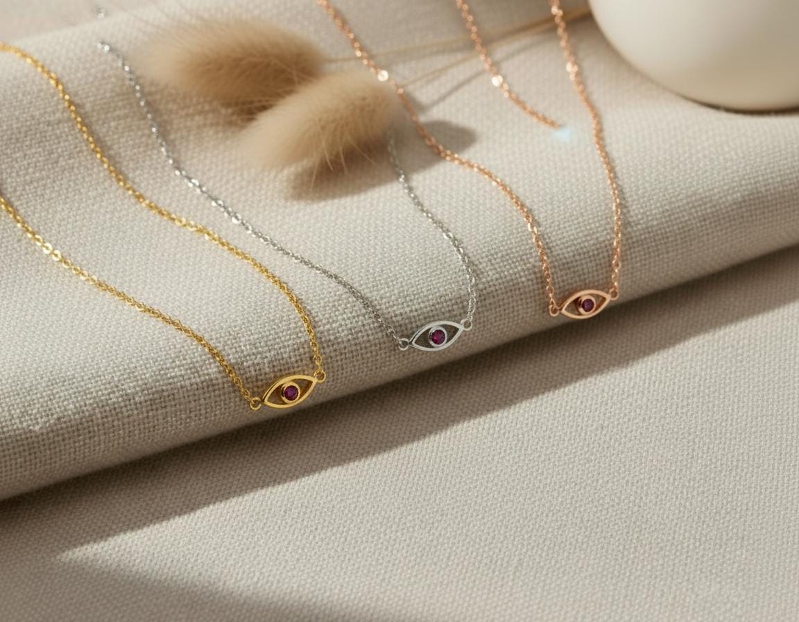 Minimalist Evil Eye Ruby Necklace, Good Luck Necklace, July Birthstones Gift, Protection Necklace, Spiritual Necklace Gift for Her