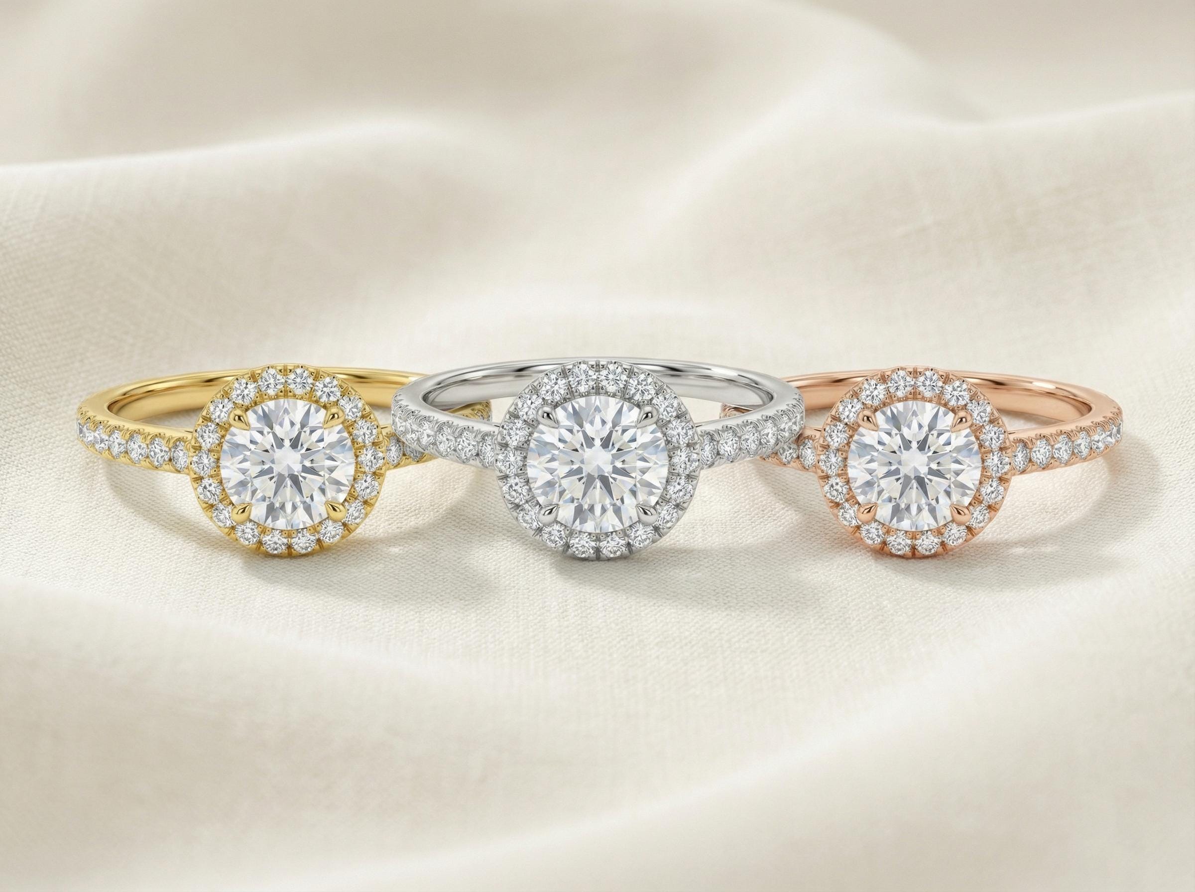 Round Engagement Ring Gold Travel Ring Unique Silver Promise Ring Wedding Ring Simulated Diamond Ring Halo Diamond Ring Gift