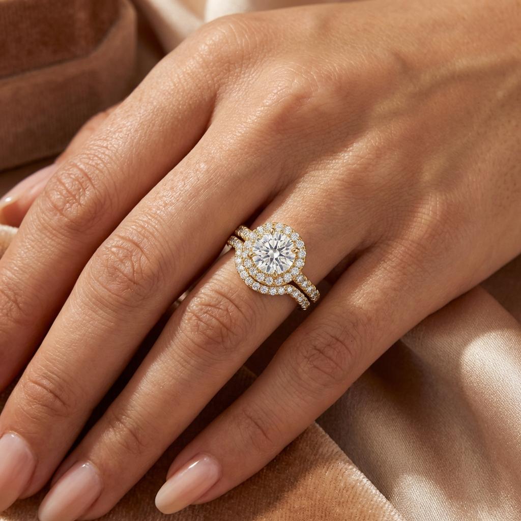 Round Engagement Ring Gold Travel Ring Unique Silver Promise Ring Wedding Ring Simulated Diamond Ring Halo Diamond Ring Gift