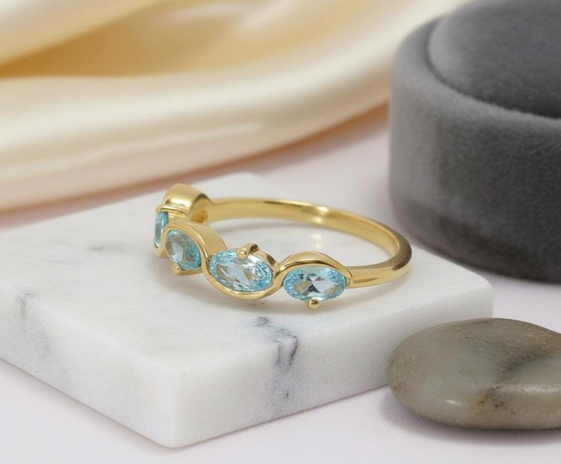 Graduation Gift Aquamarine Ring 5 Stone Oval Band Light Blue March Birthstone Jewelry Half Eternity Ring Custom Metal Choice