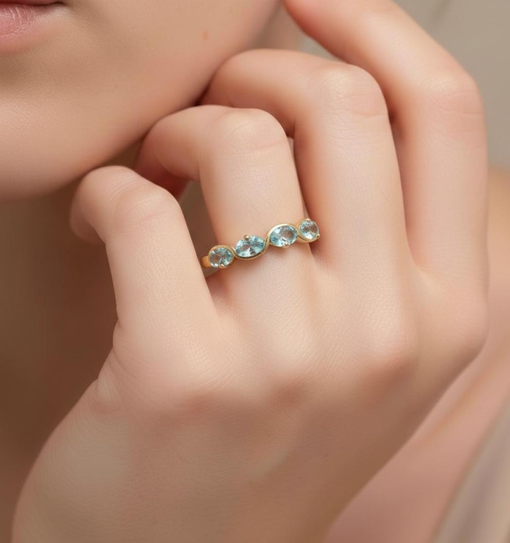 Graduation Gift Aquamarine Ring 5 Stone Oval Band Light Blue March Birthstone Jewelry Half Eternity Ring Custom Metal Choice