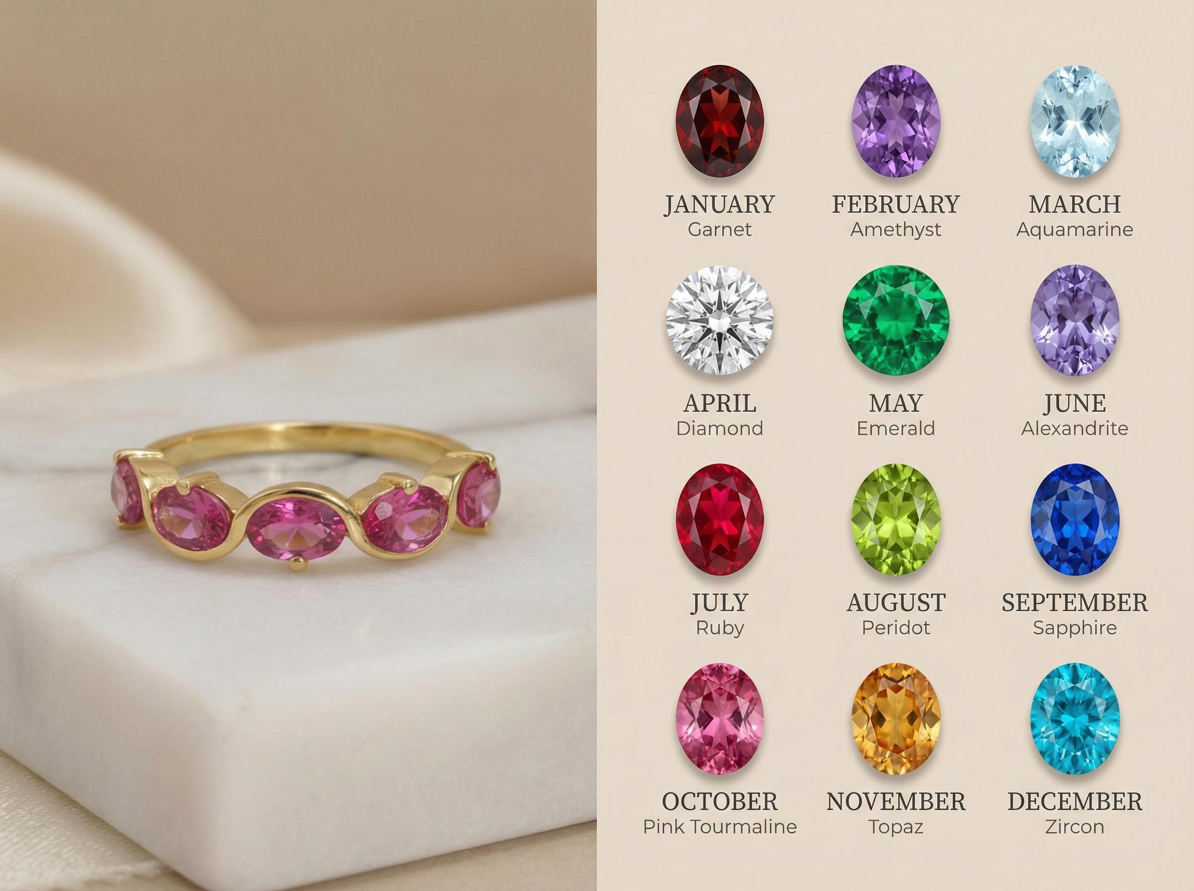 Pink Tourmaline Ring 5 Stone Pink Gemstone Band Oval Cut Anniversary Jewelry Promise Ring for Her October Birthstone
