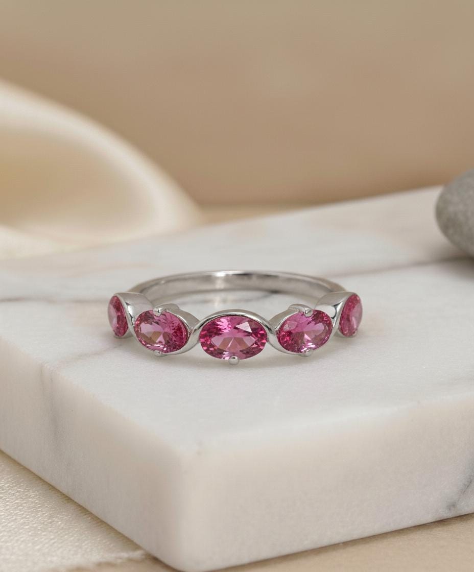 Pink Tourmaline Ring 5 Stone Pink Gemstone Band Oval Cut Anniversary Jewelry Promise Ring for Her October Birthstone