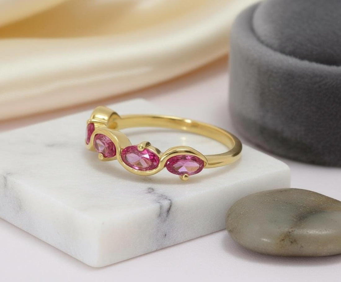 Pink Tourmaline Ring 5 Stone Pink Gemstone Band Oval Cut Anniversary Jewelry Promise Ring for Her October Birthstone