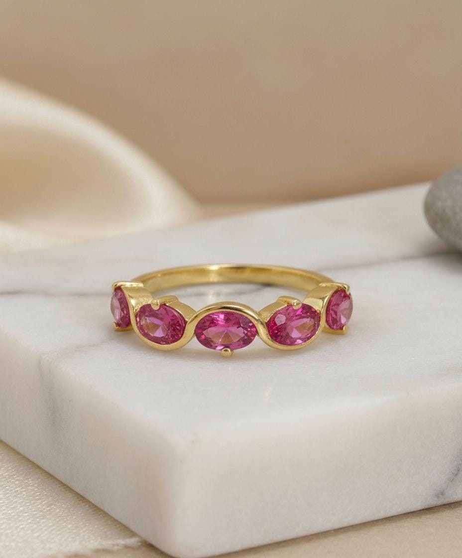 Pink Tourmaline Ring 5 Stone Pink Gemstone Band Oval Cut Anniversary Jewelry Promise Ring for Her October Birthstone
