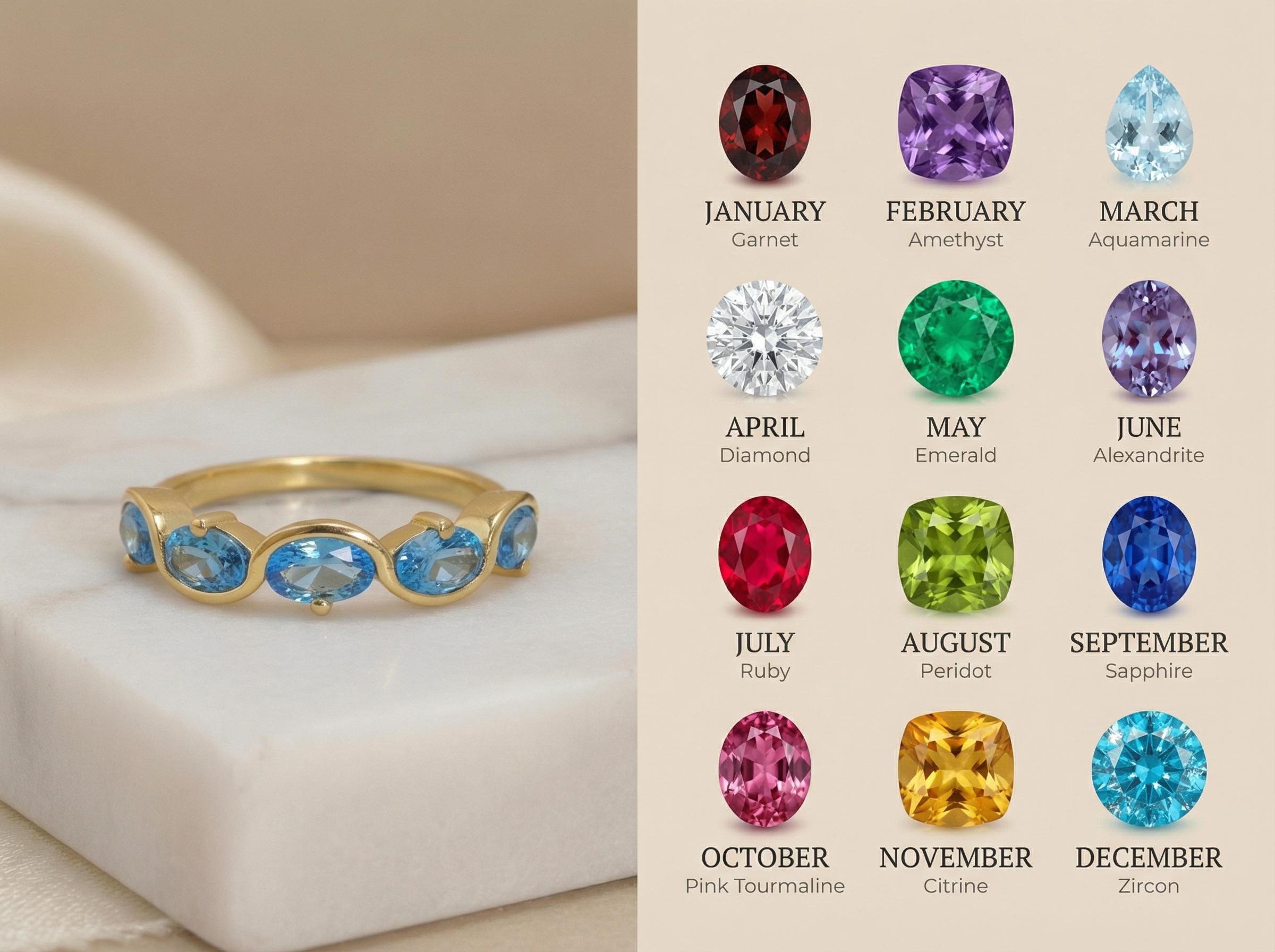 December Birthstone Ring 5 Stone Blue Gemstone Band Oval Cut Anniversary Jewelry Promise Ring for Her