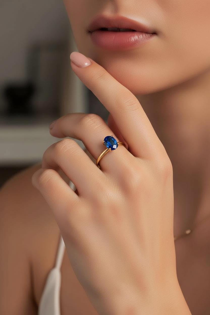 Solitaire Engagement Ring Style Sapphire Ring Blue Gemstone Band Oval Cut Travel Ring Promise Ring for Her September Stone