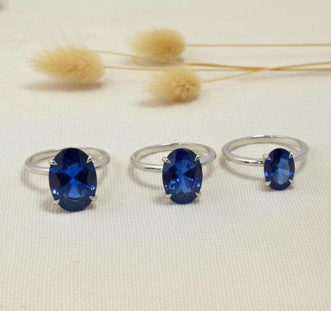 Solitaire Engagement Ring Style Sapphire Ring Blue Gemstone Band Oval Cut Travel Ring Promise Ring for Her September Stone