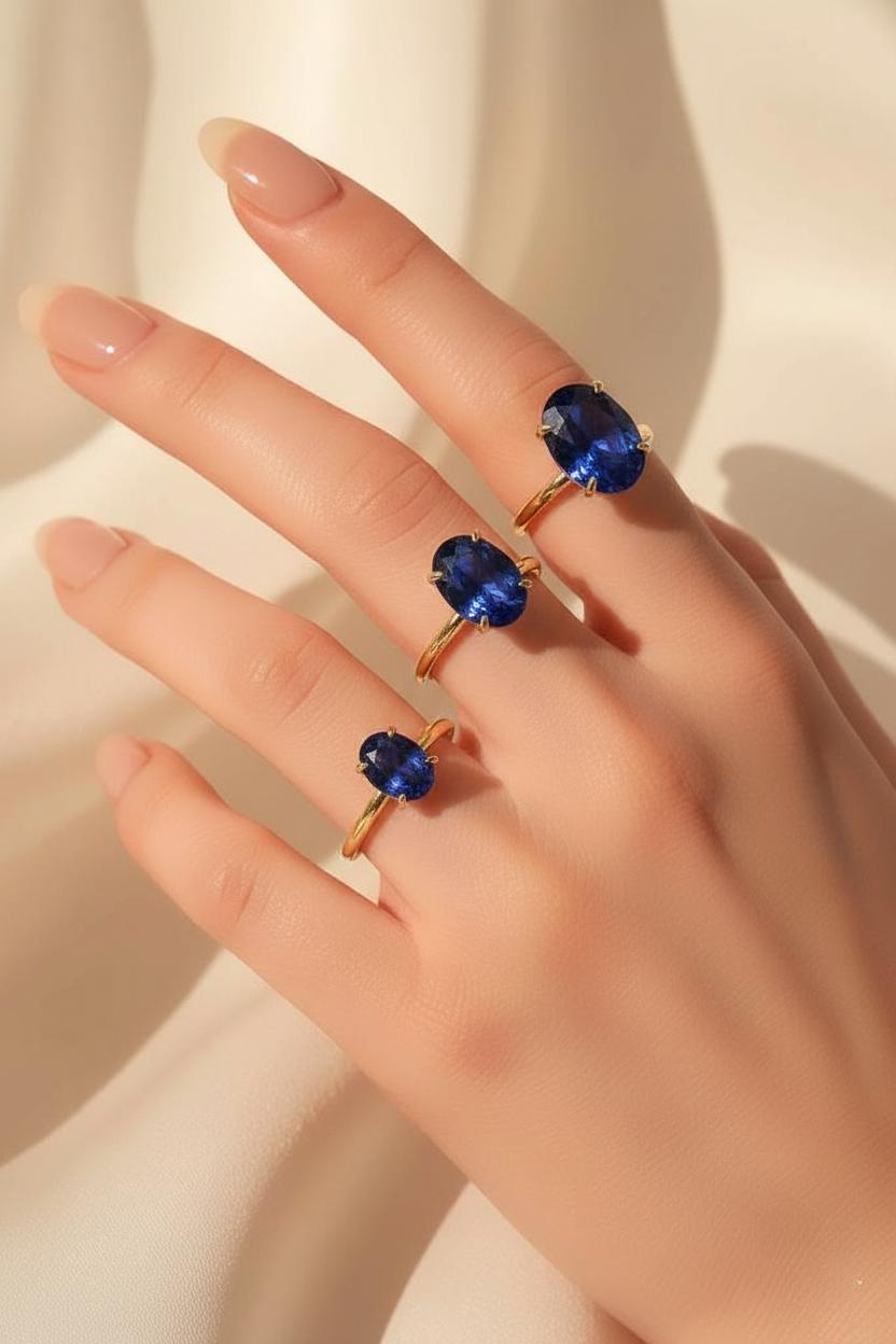Solitaire Engagement Ring Style Sapphire Ring Blue Gemstone Band Oval Cut Travel Ring Promise Ring for Her September Stone