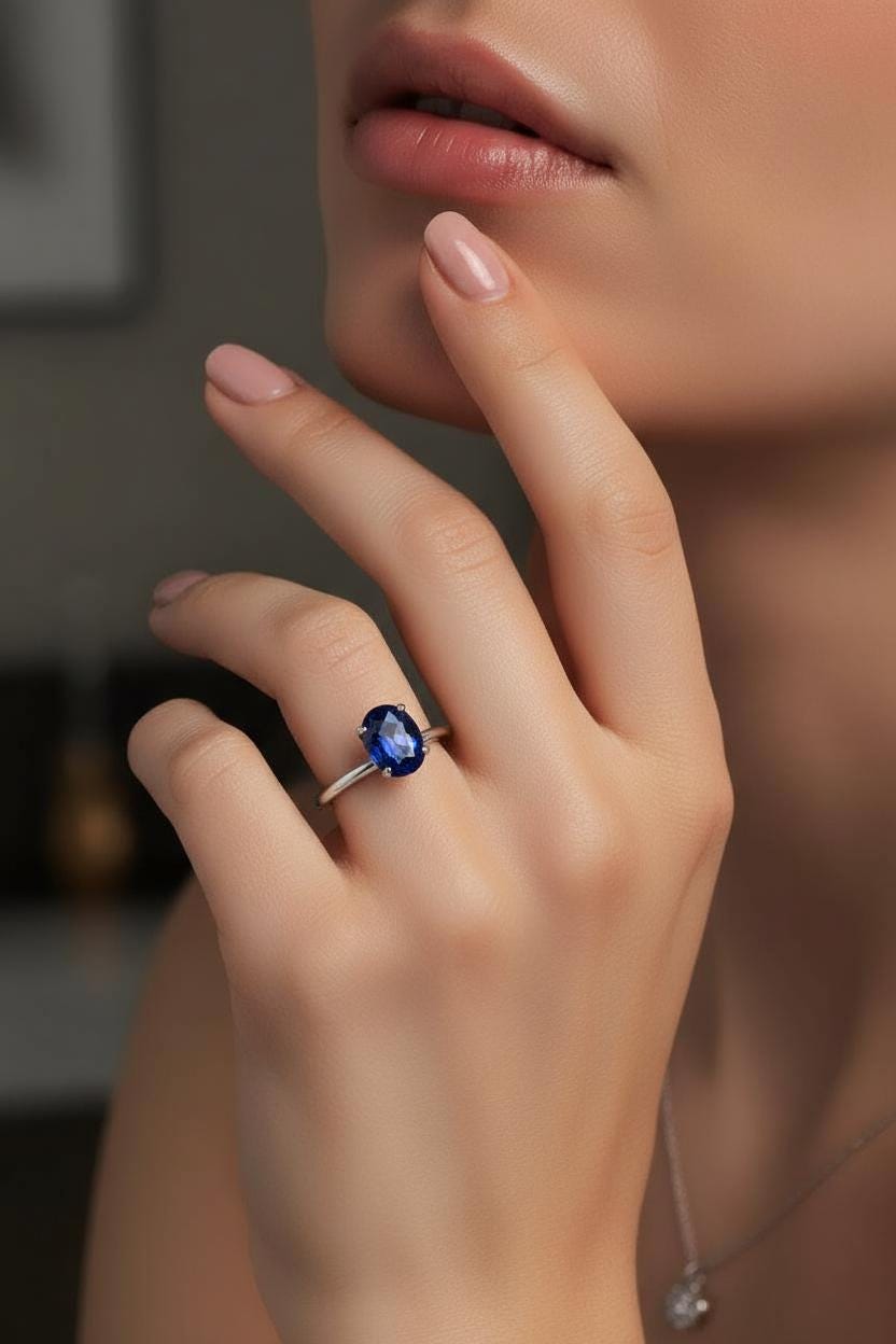 Solitaire Engagement Ring Style Sapphire Ring Blue Gemstone Band Oval Cut Travel Ring Promise Ring for Her September Stone