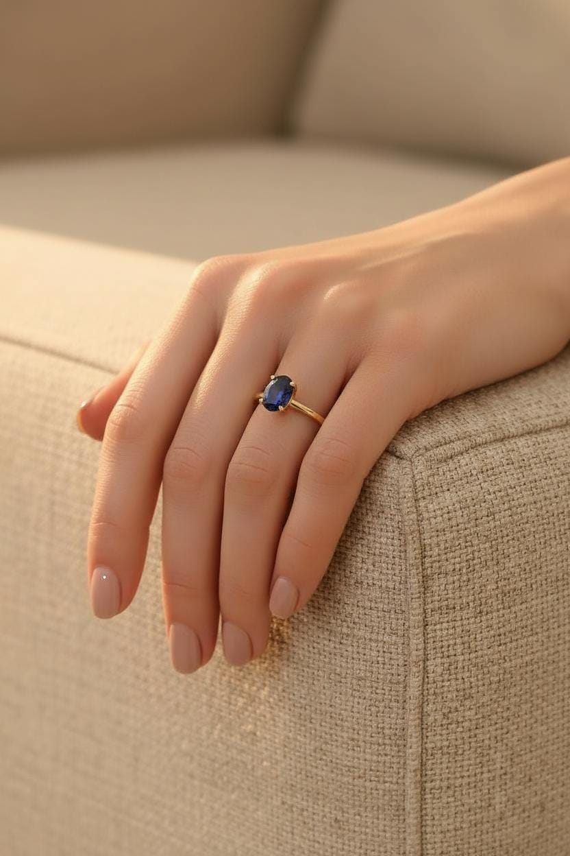 Solitaire Engagement Ring Style Sapphire Ring Blue Gemstone Band Oval Cut Travel Ring Promise Ring for Her September Stone
