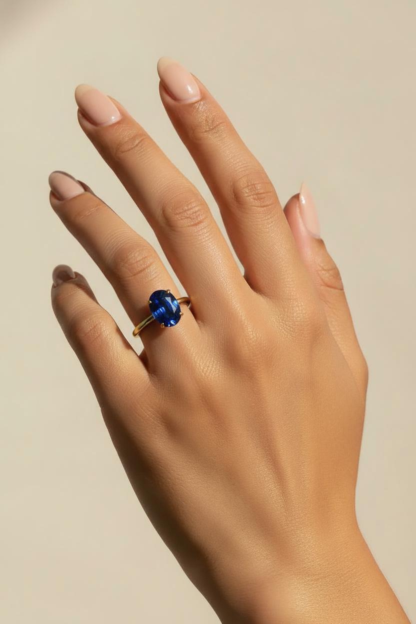 Solitaire Engagement Ring Style Sapphire Ring Blue Gemstone Band Oval Cut Travel Ring Promise Ring for Her September Stone