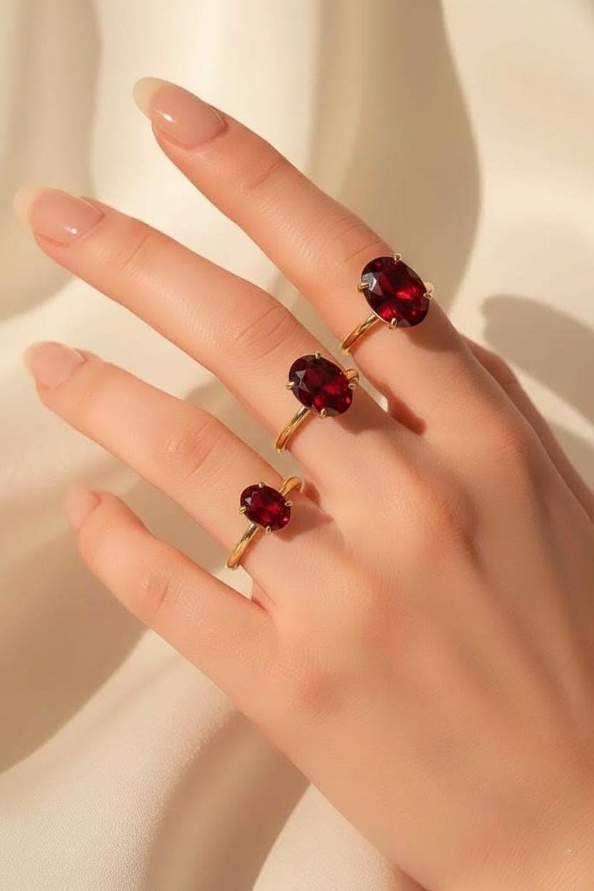 Garnet Engagement Ring Oval Solitaire Ring Minimalist Travel Ring January Birthstone Ring
