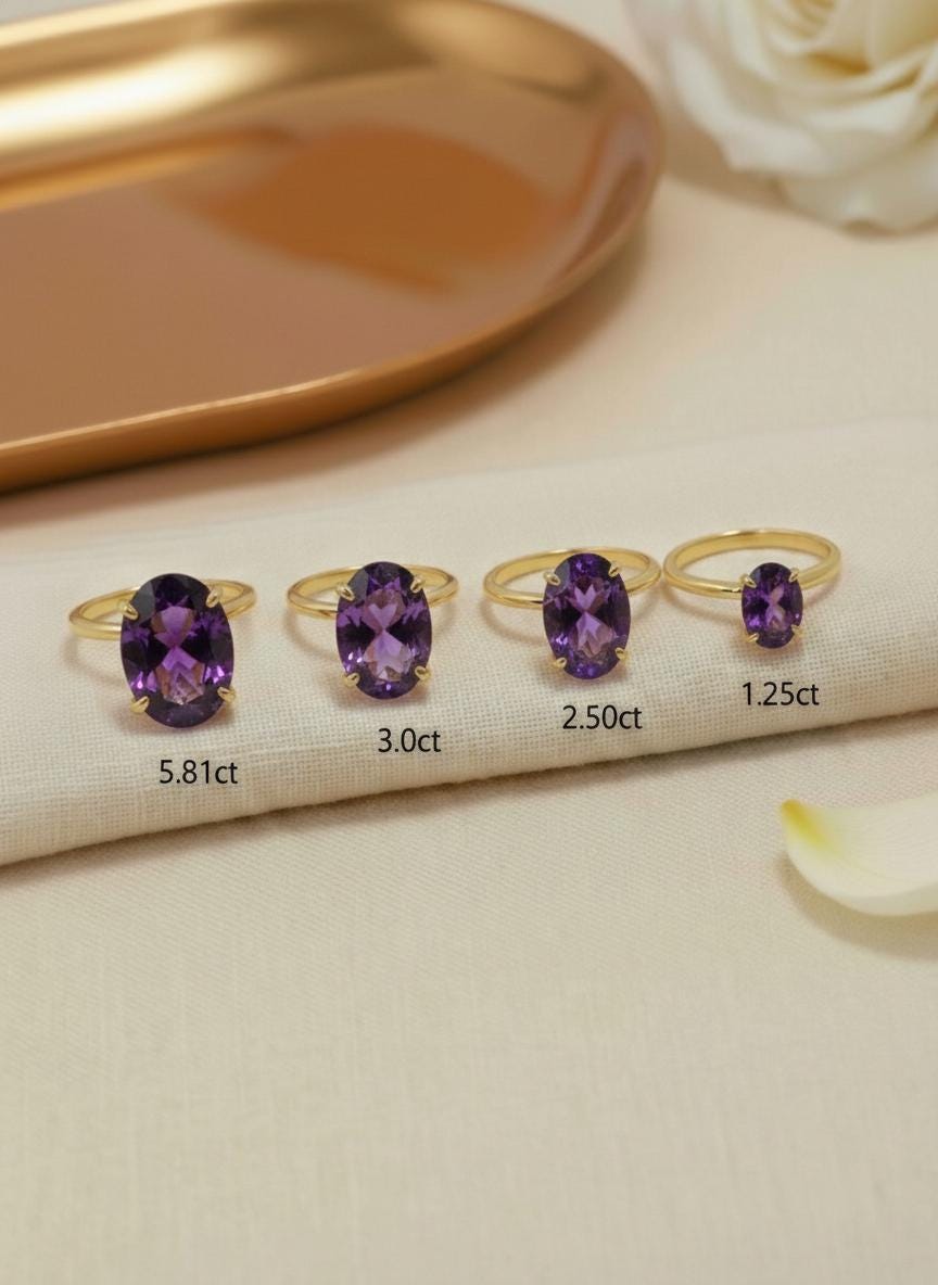 Amethyst Engagement Ring Oval Solitaire Ring Minimalist Travel Ring Feburary Birthstone