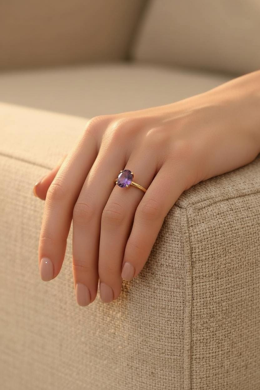 Amethyst Engagement Ring Oval Solitaire Ring Minimalist Travel Ring Feburary Birthstone