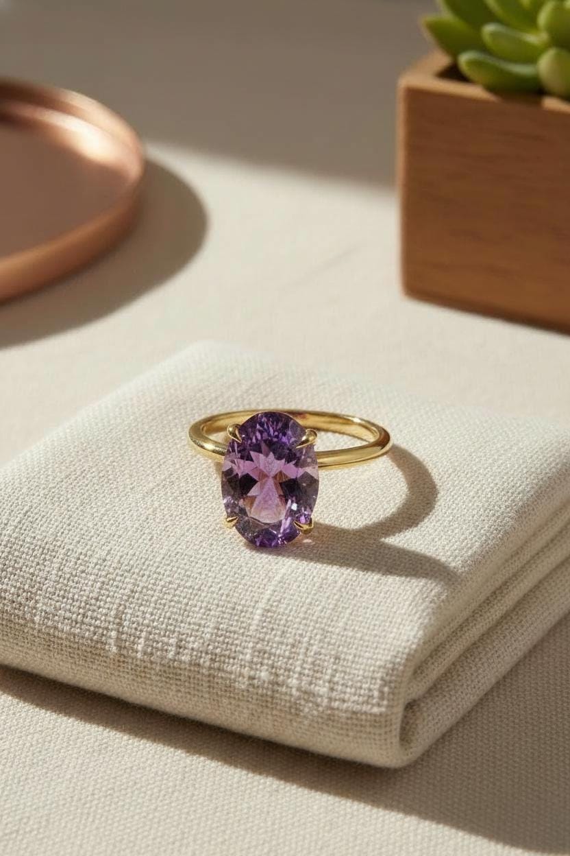 Amethyst Engagement Ring Oval Solitaire Ring Minimalist Travel Ring Feburary Birthstone
