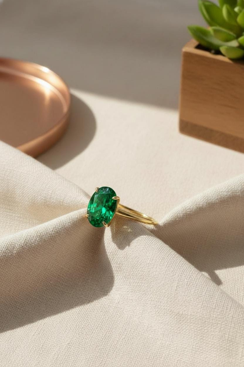 Emerald Engagement Ring Oval Solitaire Ring Minimalist Travel Ring May Birthstone
