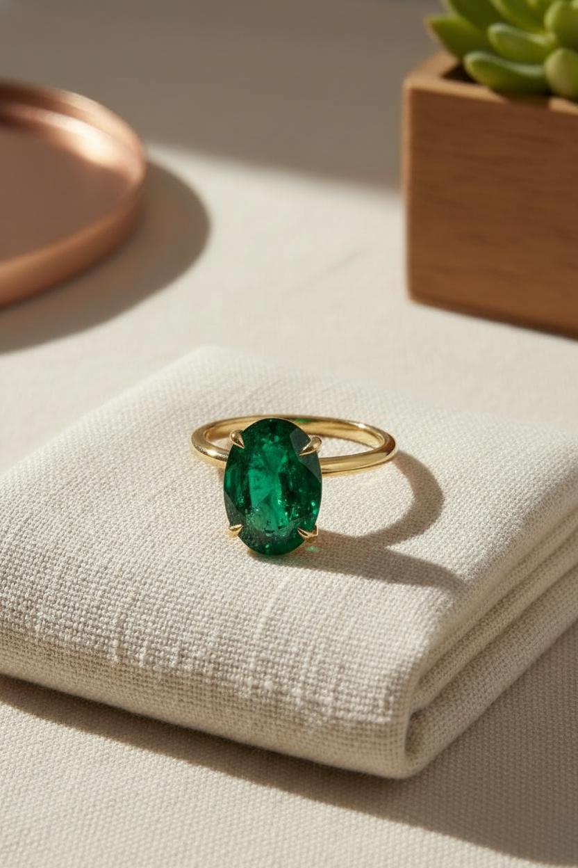 Emerald Engagement Ring Oval Solitaire Ring Minimalist Travel Ring May Birthstone