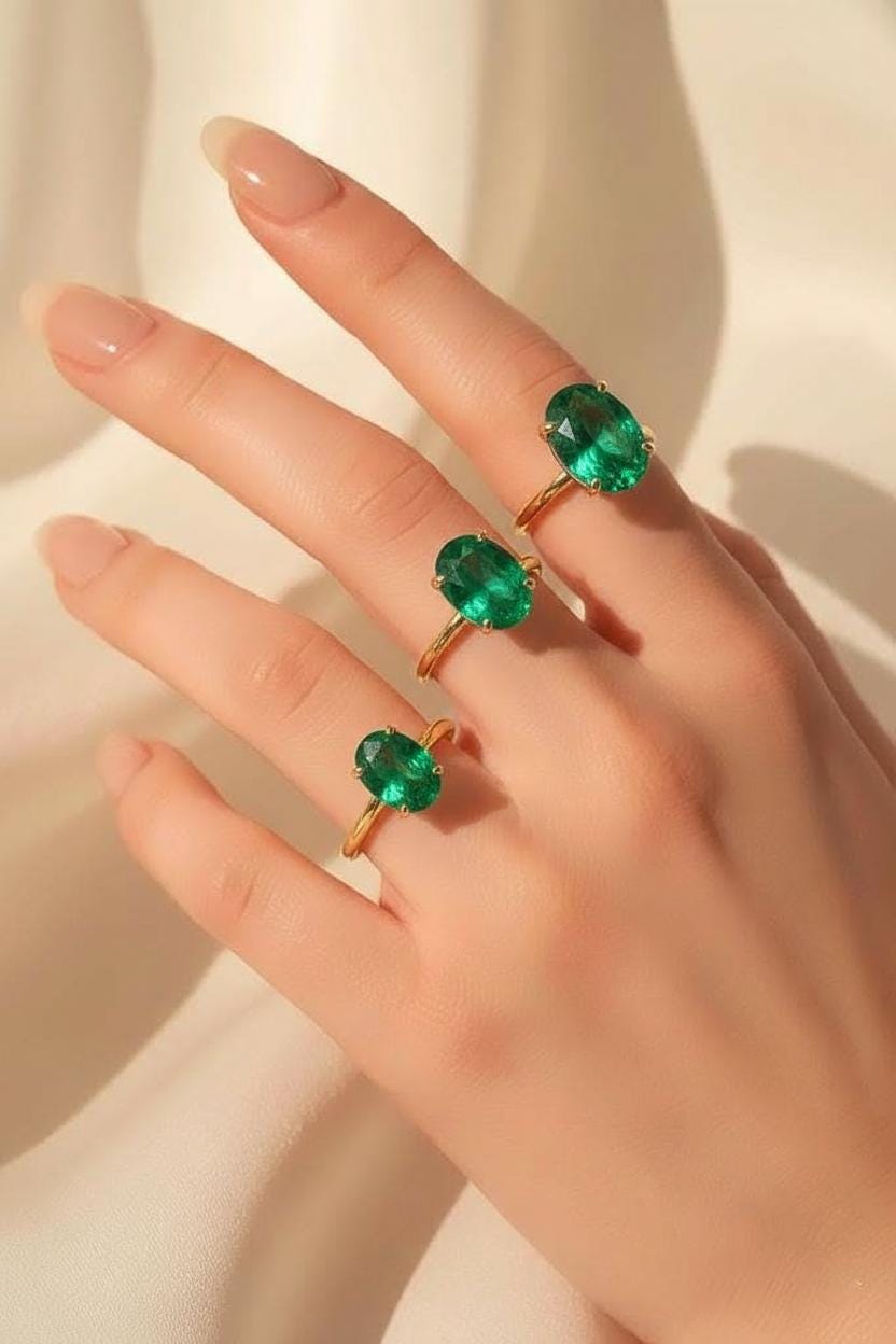 Emerald Engagement Ring Oval Solitaire Ring Minimalist Travel Ring May Birthstone