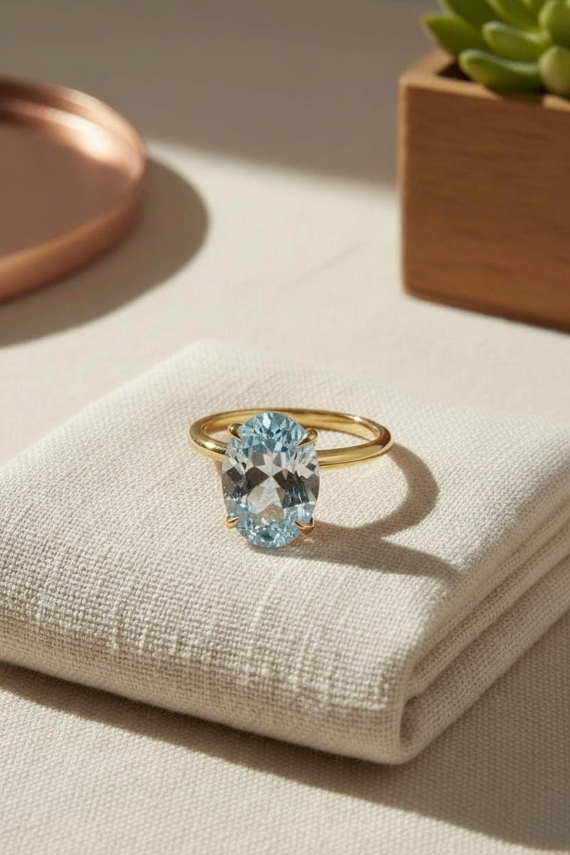 Aquamarine Engagement Ring Oval Solitaire Ring Minimalist Travel Ring March Birthstone