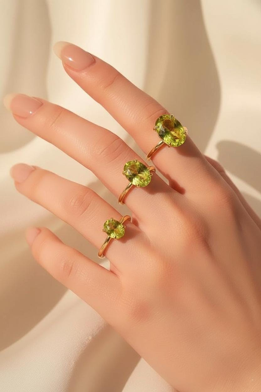 Peridot Engagement Ring Oval Solitaire Ring Minimalist Travel Ring August Birthstone