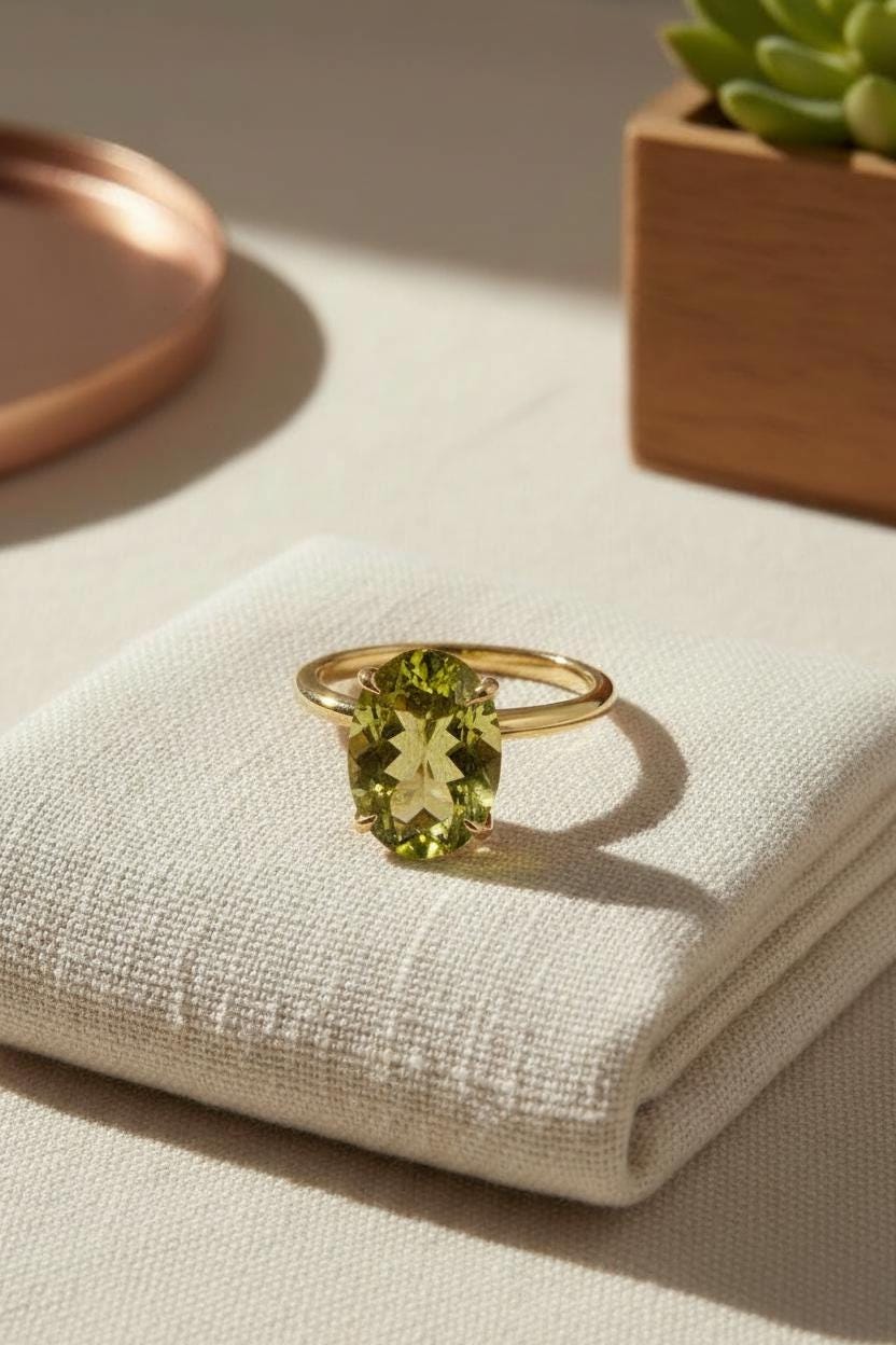 Peridot Engagement Ring Oval Solitaire Ring Minimalist Travel Ring August Birthstone