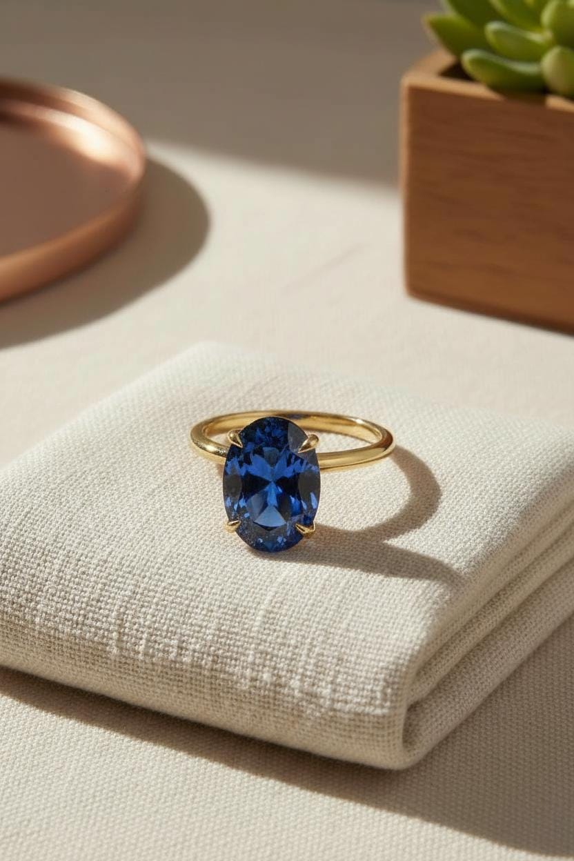 Blue Zircon Engagement Ring Oval Solitaire Ring Minimalist Travel Ring December Birthstone