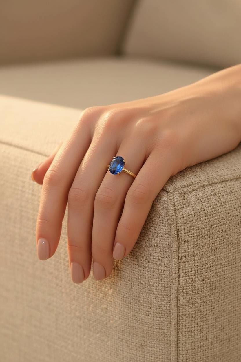 Blue Zircon Engagement Ring Oval Solitaire Ring Minimalist Travel Ring December Birthstone