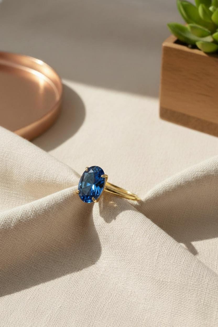 Blue Zircon Engagement Ring Oval Solitaire Ring Minimalist Travel Ring December Birthstone