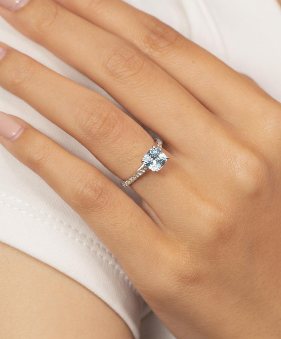 6.0mm Cushion Cut Aquamarine Engagement Ring, March Birthstone Gift