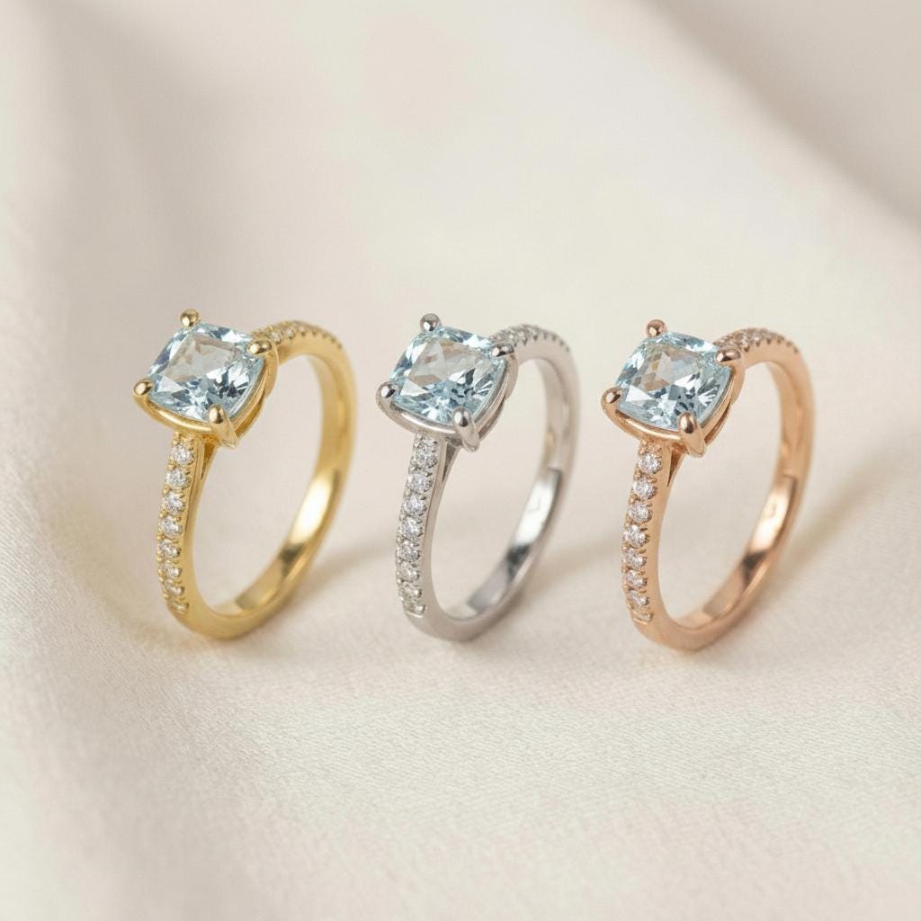 6.0mm Cushion Cut Aquamarine Engagement Ring, March Birthstone Gift