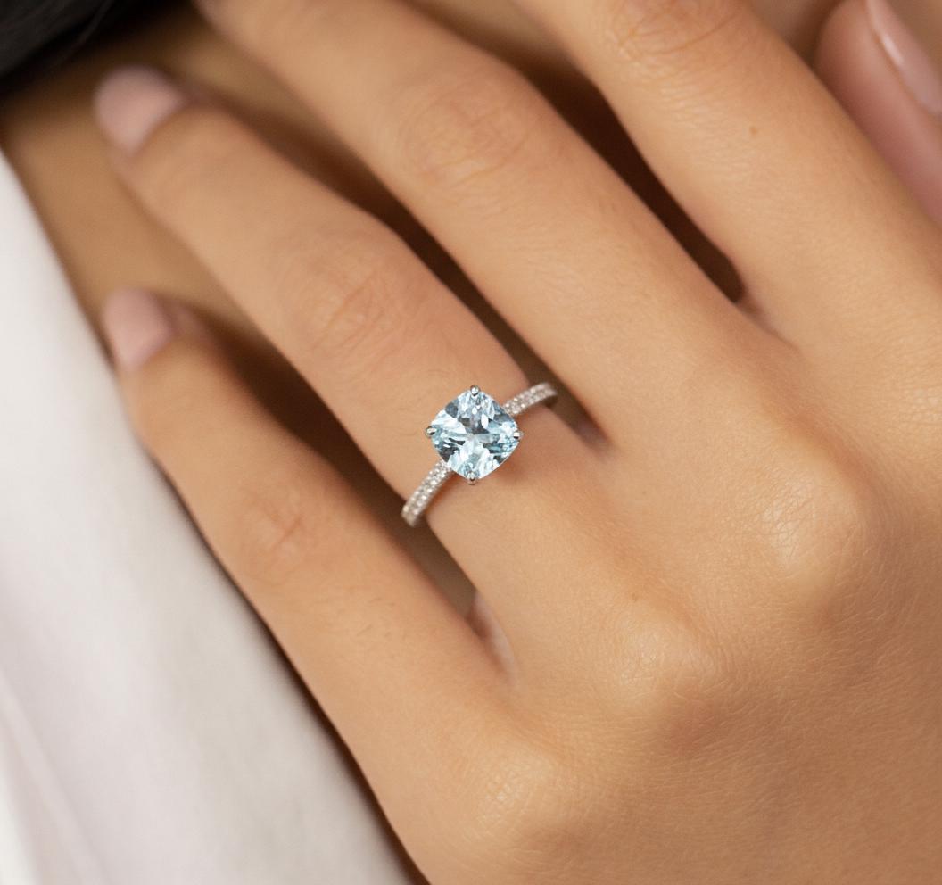 6.0mm Cushion Cut Aquamarine Engagement Ring, March Birthstone Gift