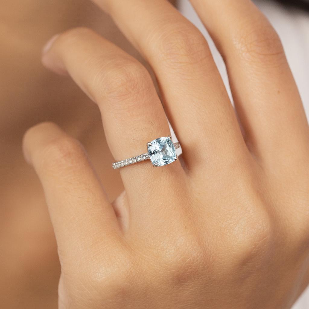 6.0mm Cushion Cut Aquamarine Engagement Ring, March Birthstone Gift