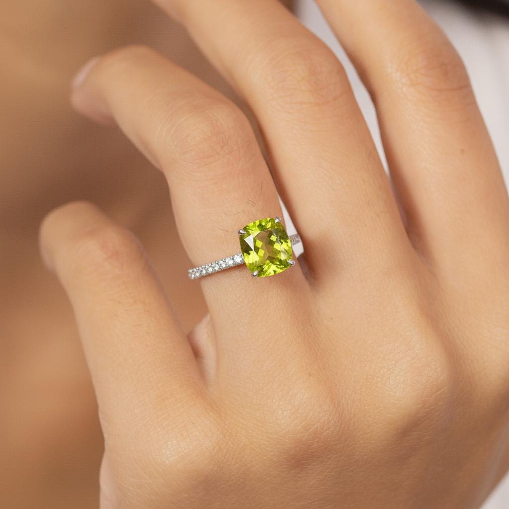Graduation Gift - 6.0mm Cushion Cut Peridot Ring, August Birthstone Jewelry, Sterling Silver Engagement Ring, Green Gemstone Ring for Women